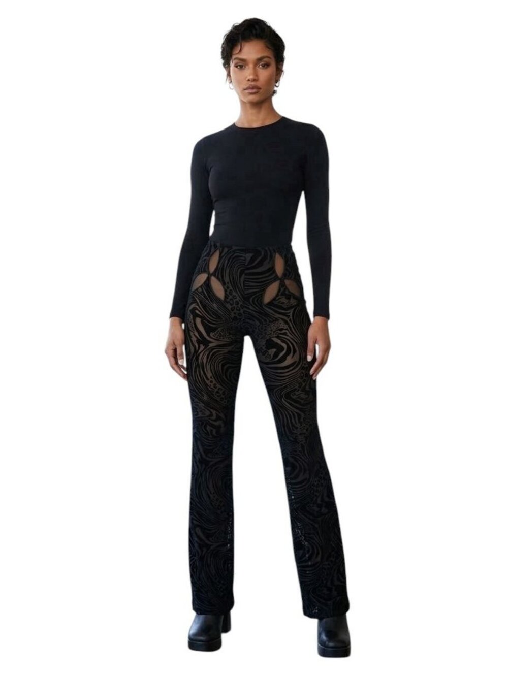 I.AM.GIA Women's Black Mesh Animal Print Cutout Flare Pants Size L